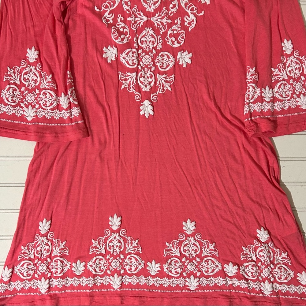 Boho Women’s Dress XL Pink White Mini V-neck Ornate Print Bell Sleeves Stretch - Picture 5 of 8